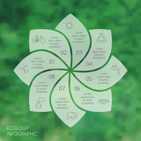 Vector circle eco infographic. Ecology template for diagram, graph, presentation and chart. Environmental care concept with 8 options, parts, steps or processes. Vector blur background.のイラスト素材