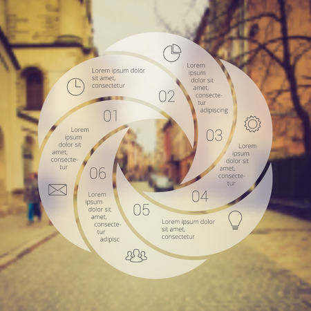 Circle line infographic. Template for cycle diagram, graph, presentation and round chart. Business concept with 6 options, parts, steps or processes. Linear graphic. Blur vector background.のイラスト素材