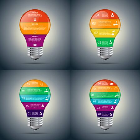 Vector lightbulb set for infographic. Template for diagram, graph, presentation and chart. Business concept with 3, 4, 5, 6 options, parts, steps or processes. Abstract background.のイラスト素材
