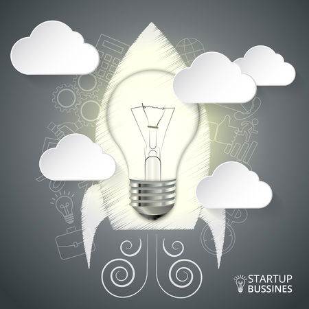 Vector rocket with lightbulb for startup infographic. Can be used for workflow layout, banner, diagram, web design.のイラスト素材