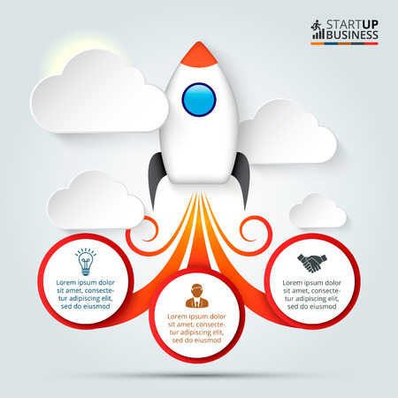 rocket for infographic. Template for diagram, graph, presentation and progress chart. Business startup concept with 3 options, parts, steps or processes.のイラスト素材
