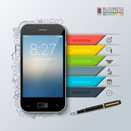 Vector planning of the working day with a mobile phone. Doodles icons set. Infographic template with 6 options, parts, steps or processes.のイラスト素材