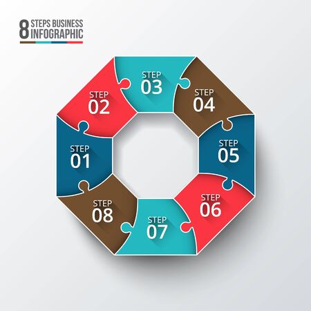 Vector infographic design template. Business concept with 8 options, parts, steps or processes. Can be used for workflow layout, diagram, number options, web design. Data visualization.のイラスト素材