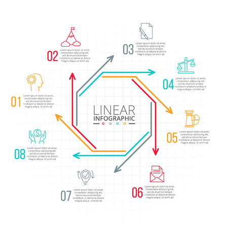Thin line flat octagon for infographic. Template for diagram, graph, presentation and chart. Business concept with 8 options, parts, steps or processes. Data visualization.のイラスト素材