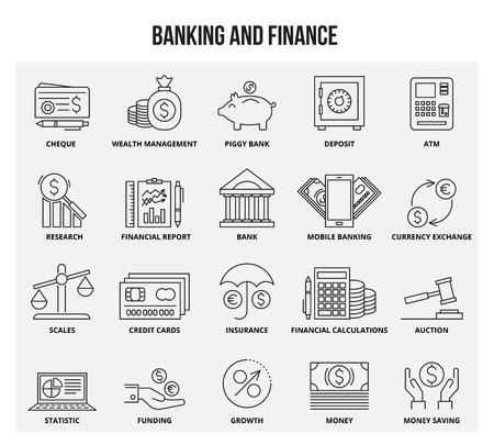 Vector set of thin line icons of banking and finance . Mono line pictograms and infographics design elements.のイラスト素材