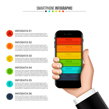 Vector human hand holds a mobile phone. Can be used for workflow layout, number options, step up options and more.のイラスト素材