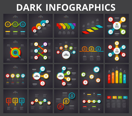 Vector infographic elements on dark background. Charts, circle diagram, timelines and arrows with 3, 4, 5 and 6 steps and options.のイラスト素材
