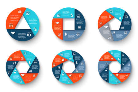 Vector infographic design template. Business concept with 3, 4, 5, 6, 7 and 8 options, parts, steps or processes. Can be used for workflow layout, diagram, number options, web design.のイラスト素材