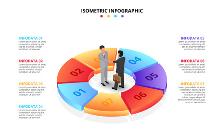 Vector isometric infographic with businessman handshake. Template for diagram, presentation and pie chart. Business concept with 7 options, parts, steps or processes. Partnership concept.のイラスト素材