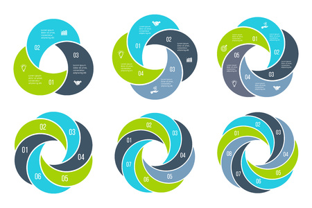 Abstract flat elements of cycle diagram with 3, 4, 5, 6, 7 and 8 steps, options, parts or processes. Business template for presentation. Creative concept for infographic.のイラスト素材
