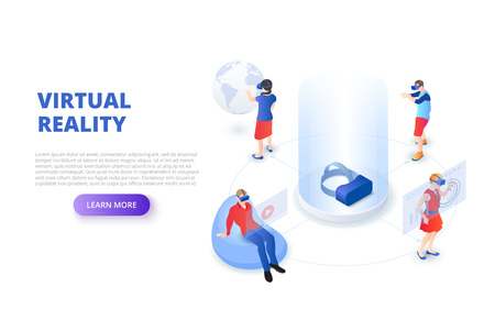 Virtual reality design concept with glasses and people playing and learning. Isometric vector illustration. Landing page template for web.のイラスト素材