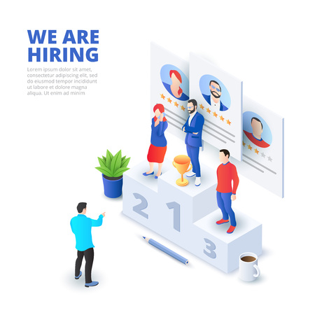Hiring and recruitment isometric vector illustration. Recruit resources, research and choice. Application for employee hiring.のイラスト素材