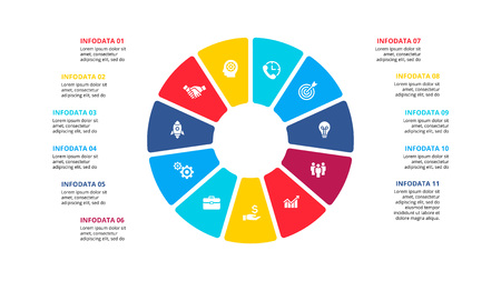 Flat circle element for infographic with 11 parts, options or steps. Template for cycle diagram, graph, presentation and chart.のイラスト素材