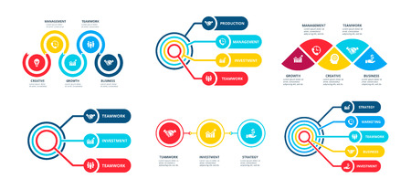 Infographic set with abstract elements. Timeline, diagrams and flow charts with 3, 4 and 5 steps.のイラスト素材