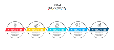 Timeline with 5 circle linear connected elements. Creative concept for progress chart. Thin line infographic.のイラスト素材