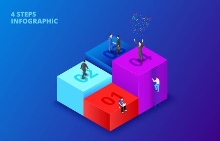 Vector isometric cubes with people infographic on a dark blue background. Growth concept with 4 steps, options, parts or processes. The man climbs the ladder.のイラスト素材