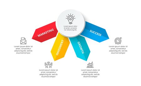 Slide with four arrows and white circle. Concept of business process with 4 options. Flat vector illustration for data visualization and analysis. Modern infographic design template.のイラスト素材