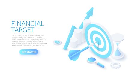 Busines strategy concept with target and chart. Landing page template. 3d isometric vector illustration.のイラスト素材