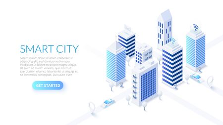 Isometric smart city illustration. Business center with skyscrapers and intelligent buildings. Streets of the city connected to computer network. Internet of things concept.のイラスト素材