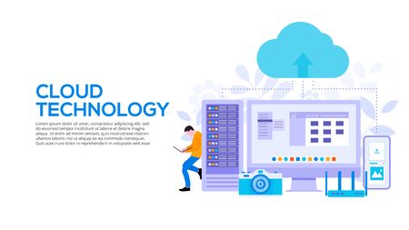 Cloud technologies design concept with server, smartphone and man. Landing page template for web.