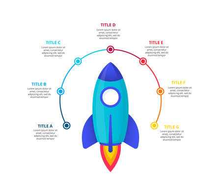 Flying rocket with flame. Vector startup infographic illustration. Abstract elements of graph, diagram with 7 steps, options, parts or processesのイラスト素材