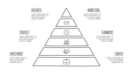 Doodle pyramid infographic with 6 options. Hand drawn icons. Thin line illustrationのイラスト素材