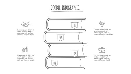 Doodle books infographic with 4 options. Hand drawn icons. Thin line education illustrationのイラスト素材