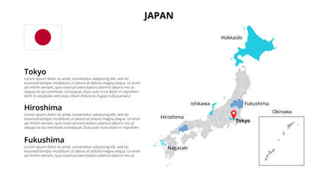 Japan vector map infographic template divided by states, regions or provinces. Slide presentationのイラスト素材