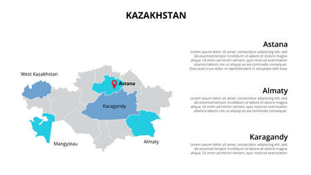 Kazakhstan vector map infographic template divided by states, regions or provinces. Slide presentationのイラスト素材