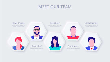 Neumorphism template of our business team. Skeuomorph presentation concept slide