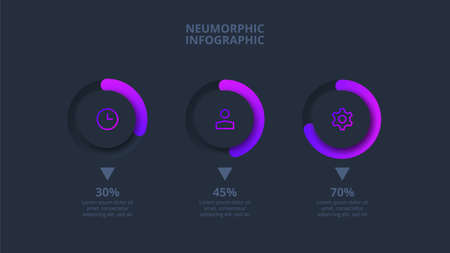 Dark neumorphic elements for infographic. Template for diagram, graph, presentation and chart. Skeuomorph concept with 3 options, parts, steps or processes.のイラスト素材