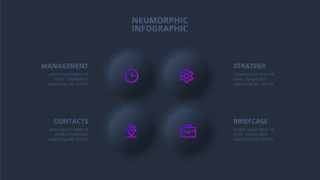 Dark neumorphic circles for infographic. Template for diagram, graph, presentation and chart. Skeuomorph concept with 4 options, parts, steps or processes.のイラスト素材