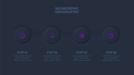 Dark neumorphic element for infographic. Template for diagram, graph, presentation and chart. Skeuomorph concept with 4 options, parts, steps or processes.のイラスト素材