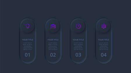 Dark neumorphic element for infographic. Template for diagram, graph, presentation and chart. Skeuomorph concept with 4 options, parts, steps or processesのイラスト素材