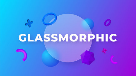 Glassmorphism concept with 3d geometric shapes. Frosted glass effect. Illustration on blurred gradient vector background.のイラスト素材