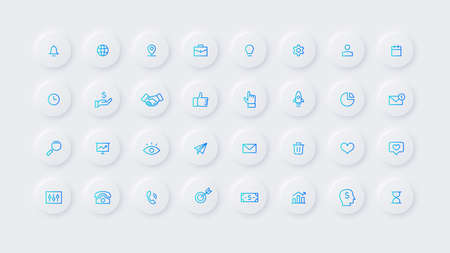 Vector light neumorphic business and finance web outline icon setのイラスト素材