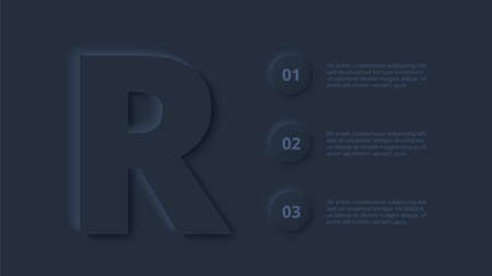 Vector dark neumorphic infographic. Presentation slide template. Business infographics concept with letter R and place for your textのイラスト素材