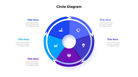 Circle divided into five parts with arrows around. Template for cycle business presentation. Vector infographic design illustration with 5 optionsのイラスト素材