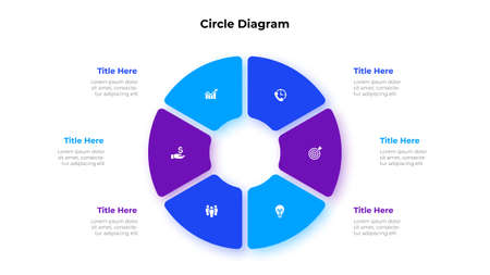 Circle diagram divided into 6 segments. Concept of six options of business project management. Vector illustration for data analysis visualizationのイラスト素材