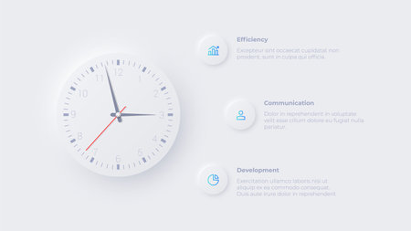 Neumorphic clock illustration. Schedule or timetable visualization. Infographic design template