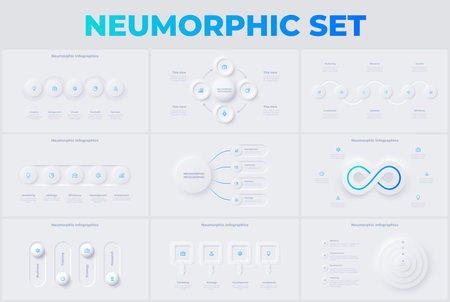 Set of light neumorphic infographic slides. Business data visualization for presentation. Unique neumorphism design setのイラスト素材