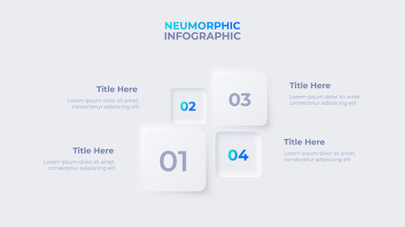 Neumorphic infographic design template. Four square elements. Concept of 4 steps of business data processingのイラスト素材