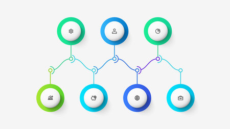 Thin lines with 7 options. Horizontal progress diagram. Concept of seven steps of business timelineのイラスト素材