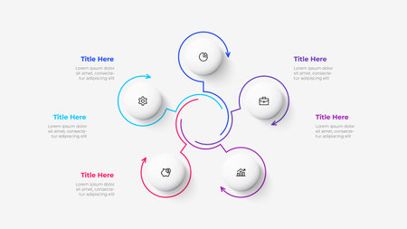 Cycle infographic with thin line arrows and circles. Business template with 5 optionsのイラスト素材
