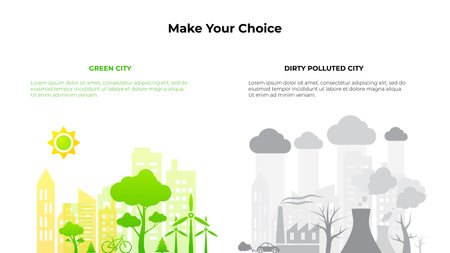 Concept of clean green and dirty polluted city. Ecology infographicのイラスト素材