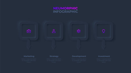 Dark neumorphic infographic design template. Business data visualization with 4 steps. Concept of development processのイラスト素材