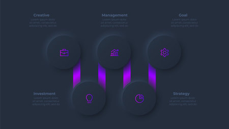 Five circles neumorphism infographic illustration with 4 steps on the dark backgroundのイラスト素材
