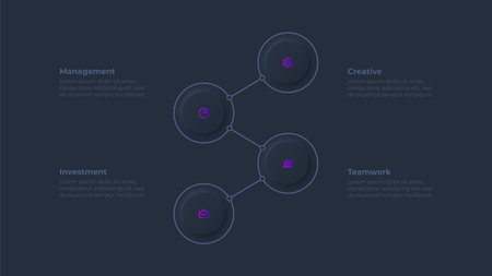 Dark neumorphic circle elements for infographic. Skeuomorph concept with 4 options, parts, steps or processes.のイラスト素材