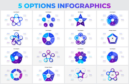 Big set of vector pentagons, circles, arrows and abstract elements for cycle infographic with 5 optionsのイラスト素材