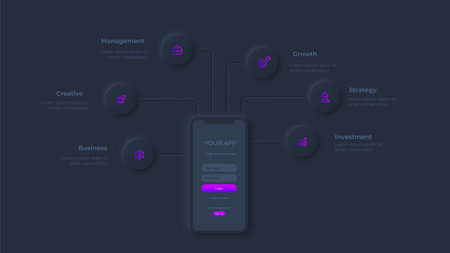 Smartphone with mobile applications. Dark neumorphic infographic slide illustrationのイラスト素材